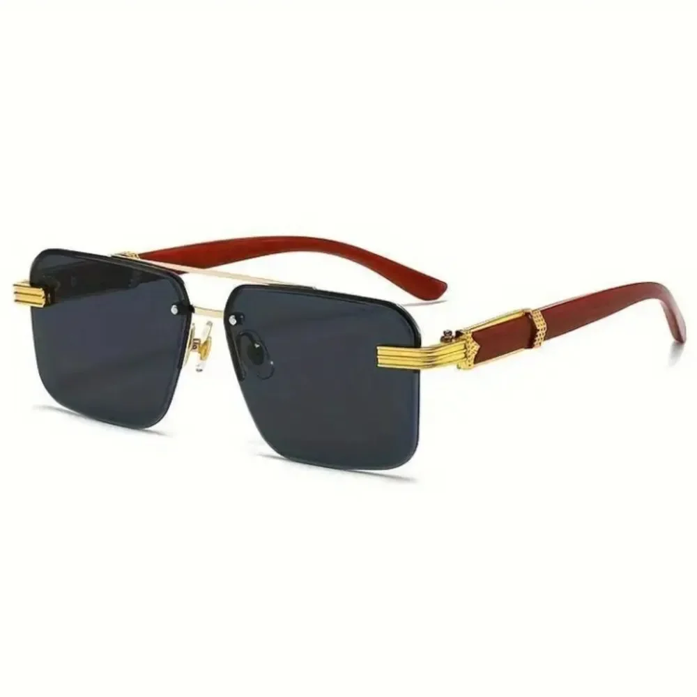 Black and Gold Rimless Sunglasses with Metal Accents